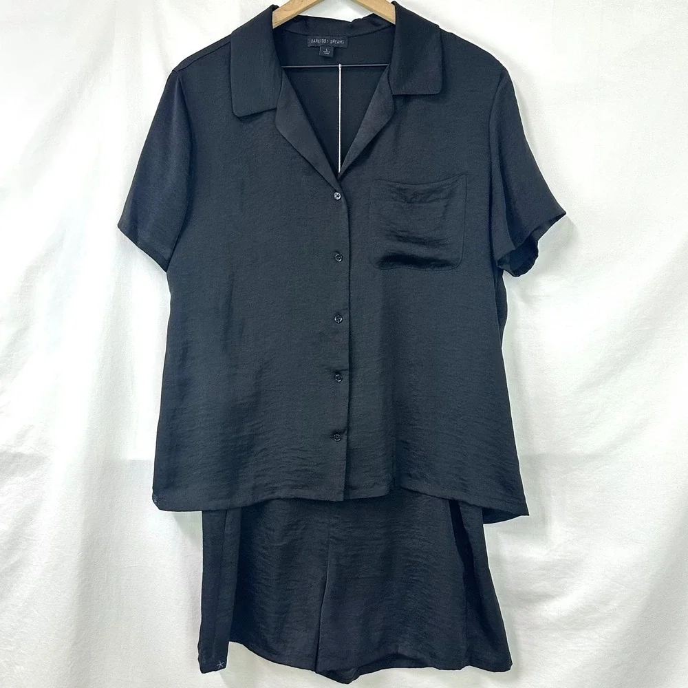 BAREFOOT DREAMS Black Washed Satin PJ Pajama Set Cropped Shirt Shorts Women's L